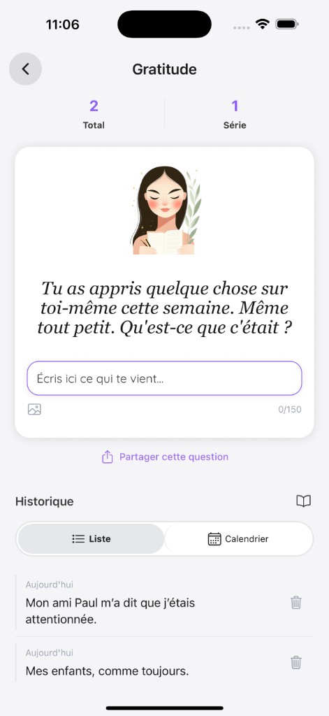 Écran Gratitude – Question du jour
