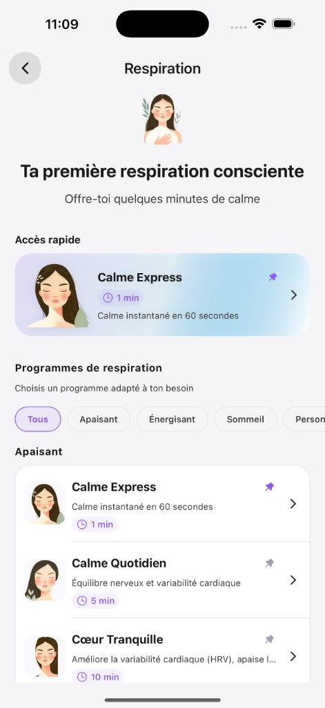 Écran Respiration – Calme Express et programmes